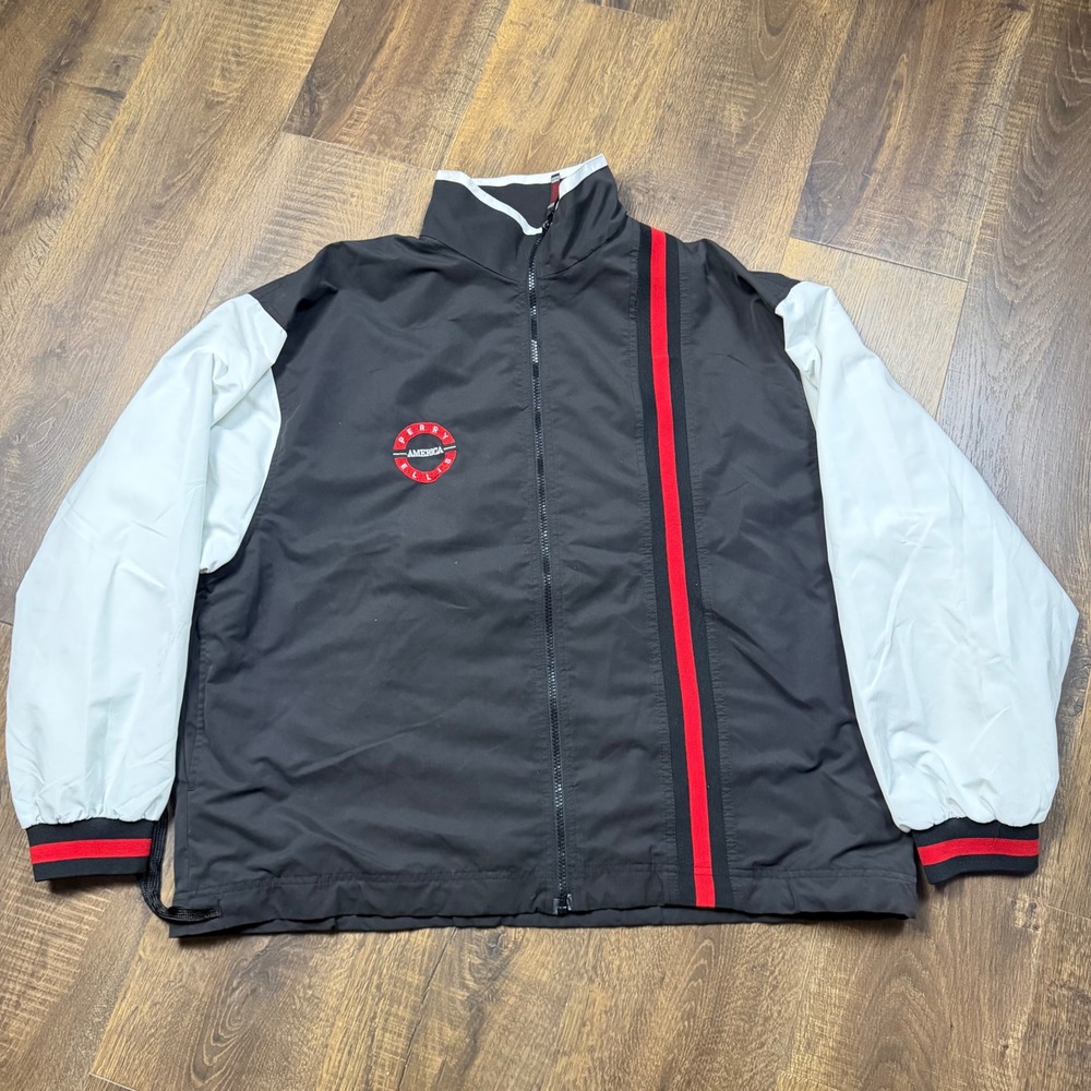Vintage 90s Perry Ellis America Windbreaker Jacket Mens L Black White Colorblock